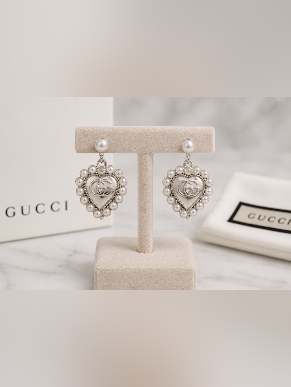 Gucci Silver Heart Earrings with Pearls